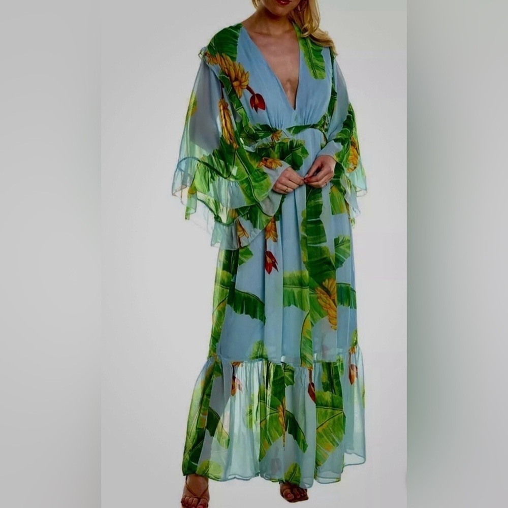 FARM Rio Leafy Green and Yellow Dress